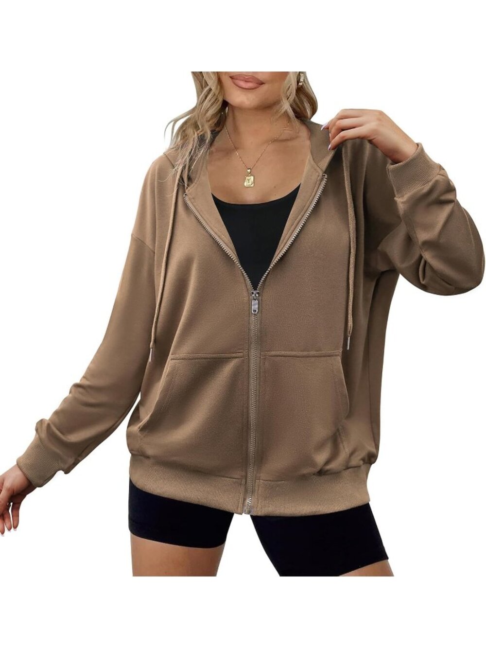 Women Brown Long Sleeve Full Zip Up Oversized Sweatshirt Pockets Zipper Jackets
